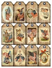 Set of 12 Vintage 4th of July Patriotic USA Tag - STICKERS - Just Cut & Use!