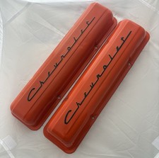 Chevy Script Valve Covers Sbc 195867 Chevy Orange Powder Coat Black Script