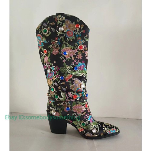 Women's Pointed Toe Side Zipper Embroidered Rhinestone Leather Plus Size Boots - Picture 10 of 30