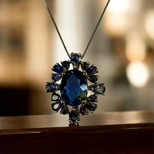 Vintage Sterling Silver 14mm Iolite & Marquise Amethyst Halo Pendant - 18” Chain