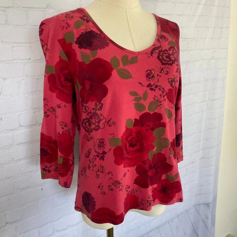 Top Vintage Y2K Rosa Rojo Floral Brillo Gloria Vanderbilt Mediano Romántico Foto 2 de 4