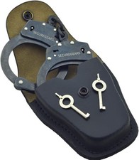 Professional Double Lock Handcuffs, Black Steel, 8.86 Inch Chain, Leather Case,