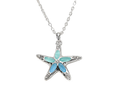 Silver Tone Blue Starfish Pendant Necklace Coastal Beach Jewelry 18''