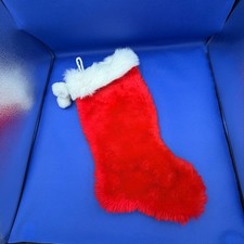 Christmas Stocking Red Shaggy Faux Fur White Pom Poms 18" Holiday Festive Soft