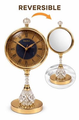 Luxus Wende Tischuhr & Schminkspiegel Gold Kristallfuß 2-in-1 Waschtisch DE