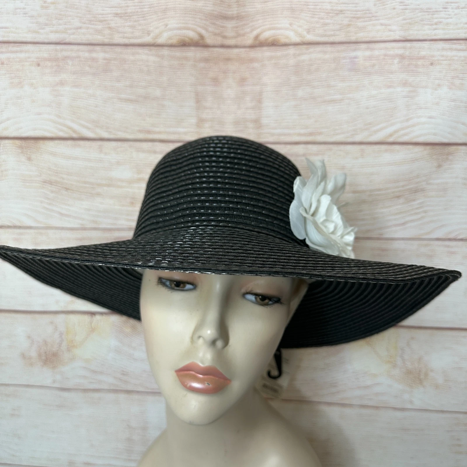 Chatties Navy Blue White Flower Paper Woven Resort Sun Hat Women's One Size OS