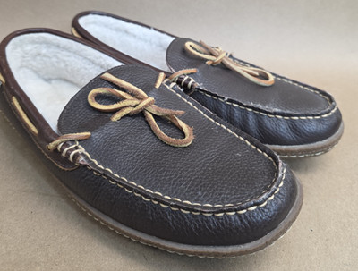 LL Bean Moccasin (Sz 10 M) Slipper Mens Brown Bow Slip On Loafer Leather 212984