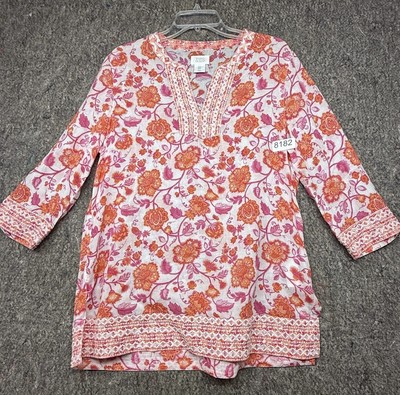 Sigrid Olsen Women's Top Tunic 3/4 Sleeve Embroidered Orange Fuchsia White Sz L