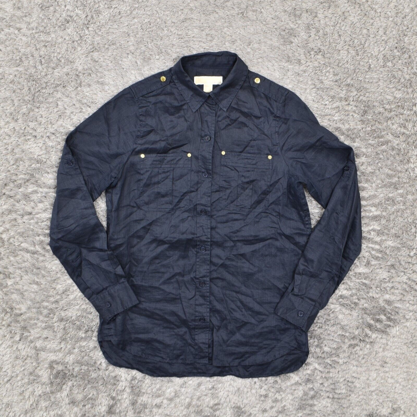 Michael Kors Women's Size XS Button Up Long Sleeve Blue Solid Ramie Collared Reg thumbnail 2