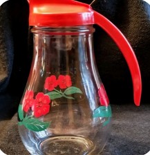 Vintage Glass Pitcher Syrup Jar Dispenser Dripcut Retro Red Flowers Made In USA