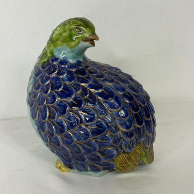 Ceramic Quail Bird Figurine Blue Green Gilt Accents Painted Sculpture Japanese