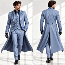 Blue Long Tailcoat Men's Suits Floral Embroidery Wedding Groom Tuxedo Formal