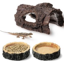 Reptile Hide  Food Bowls - Lizard Resin Hollow Tree Trunk Hideout, Bearded D...