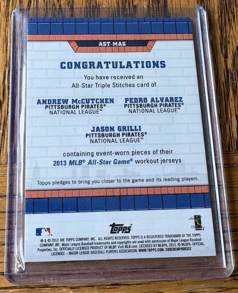 2013 Topps All Star Stitches Triple Relic Mccutchen Alvarez Grilli AST-MAG /25 - Image 2 of 2