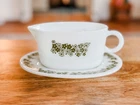 Pyrex Crazy Daisy Gravy Boat with Saucer Spring Blossom Green Flowers  VINTAGE