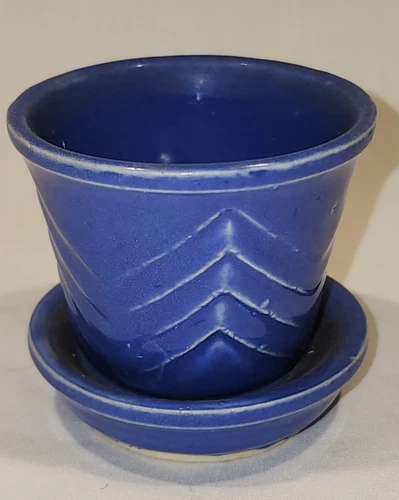 Vtg MCM Cobalt Blue Pottery 2 1/4" Flower Pot W Attached Saucer McCoy Shawnee?