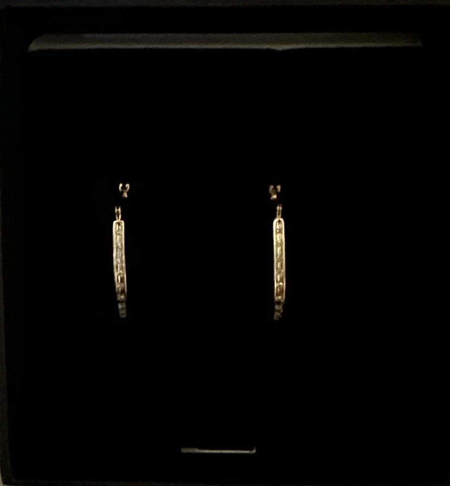 10K Gold Hoop Earrings 1 Inch Rhodium and Diamond Accents - Image 2 of 4
