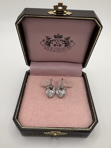 Y2K Juicy Couture Silver Tone White Crystal Heart Dangle Earrings In Box READ
