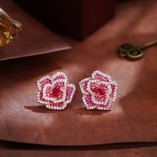 Women Rose Gold Plated Flower Stud Earrings Wedding Party Cubic Zirconia Jewelry