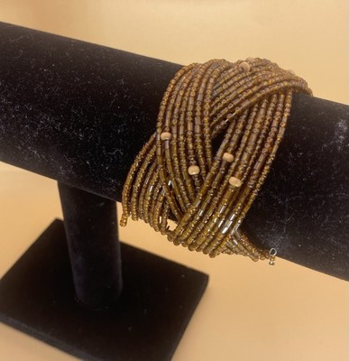 Brown Glass Beaded Multi-Strand Wrap Cuff Bracelet Round Beads Hook Stackable