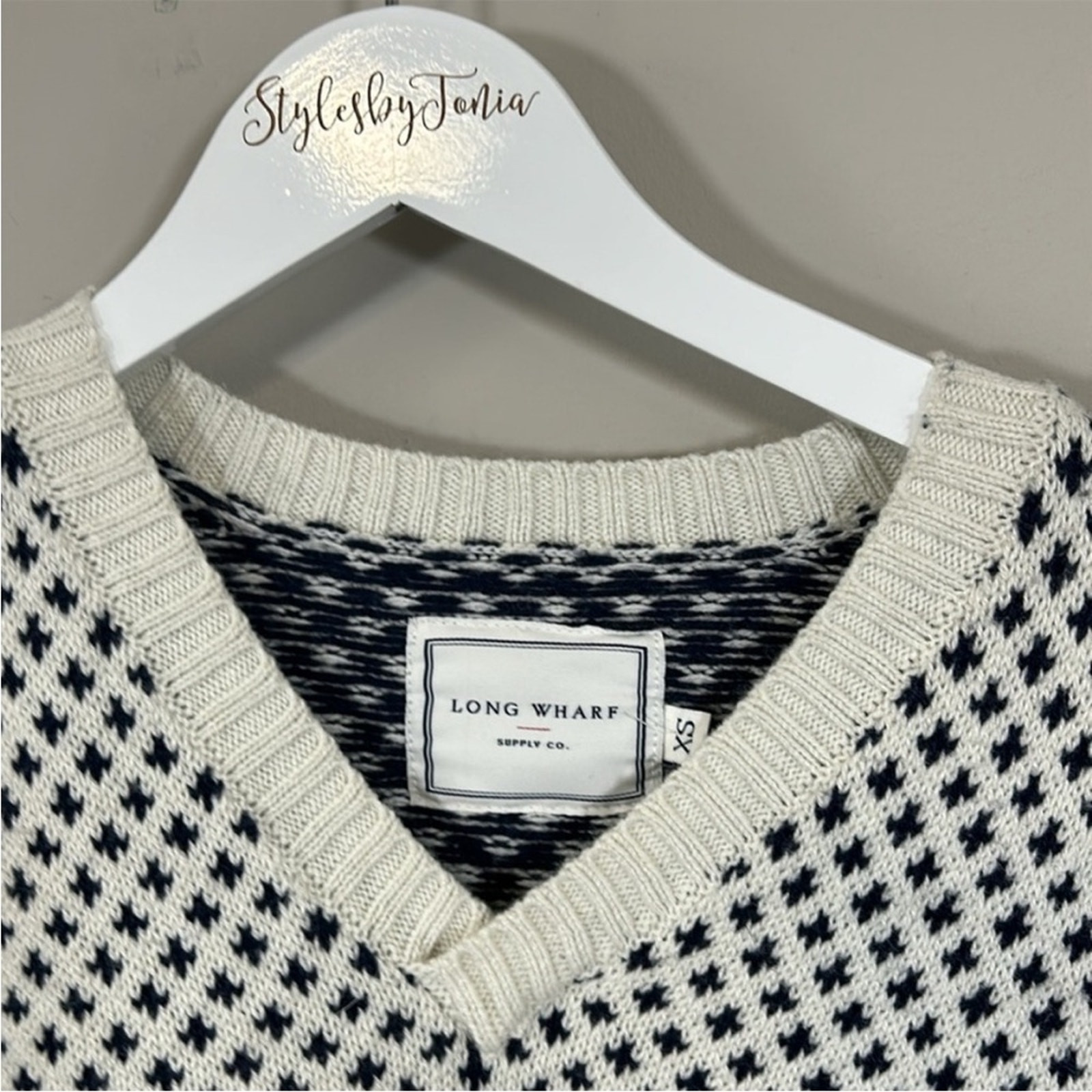 LONG WHARF Womens Osterville SeaWell Sweater Cream Fisherman Recycled Vneck XS