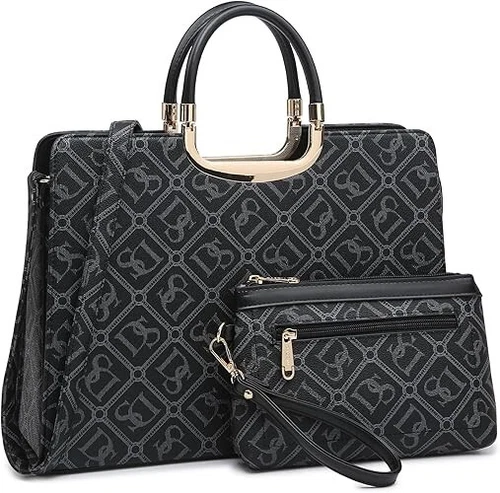 Handbags women, Black w/ gold accents,  14.5"W x 11"H x 4"D, handle drop 4.7"