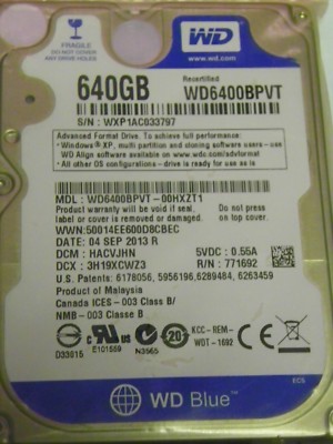 Western Digital WD6400BPVT-00HXZT1 (HACVJHN) 640GB 2.5'' SATA Hard Drive