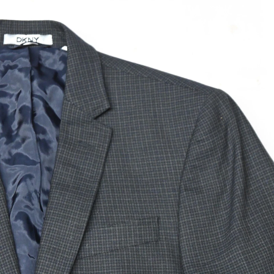 DKNY 40R Navy Blue Check Plaid 100% Wool Blazer Sport Coat Jacket - Image 2 of 4