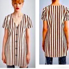 ZARA Trafaluc Striped Rustic Buttoned Mini Dress womens size S
