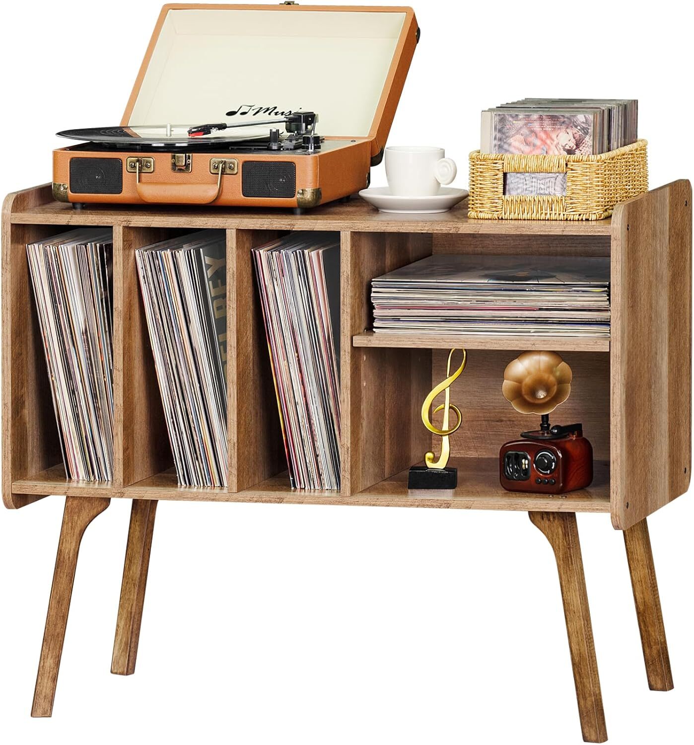 Mid-Century Record Player Stand with 4 Storage Cabinets & Beech Wood Legs-image