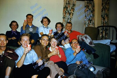 1958 35mm Slide Party Crowd with Official Falsie Inspector Pinback #2416