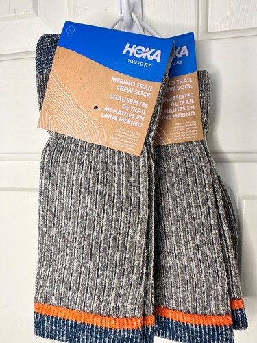 Hoka Merino Trail Crew Socks Unisex Gray Orange Ribbed Wool Blend Large Durable