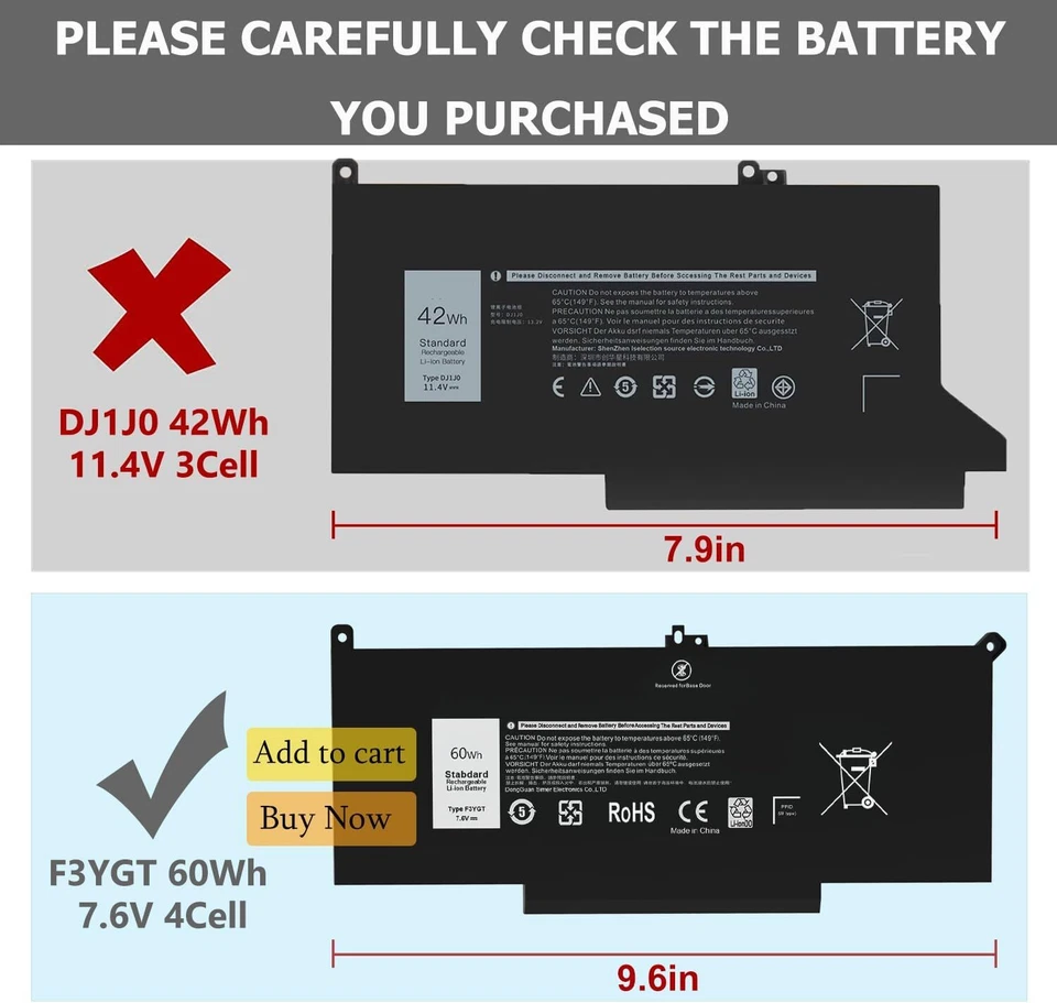 60Wh F3YGT Battery For Dell Latitude 7000 7280 7290 7380 7390 7480 7490 2X39G DM3WC - Image 4 of 4
