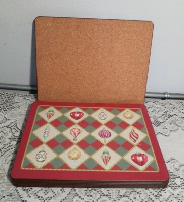 Set of 8 Holiday Placemats Laminate Cork Back Rigid Poinsettia Ornaments Vintage