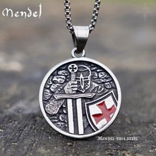 MENDEL Mens Stainless Steel Knights Templar Cross Shield Pendant Necklace Chain