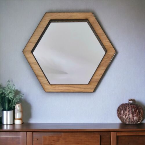 Hexagon Wooden Mirrors, Choice of Oak, Walnut or Cherry, with Hooks - Picture 3 of 10
