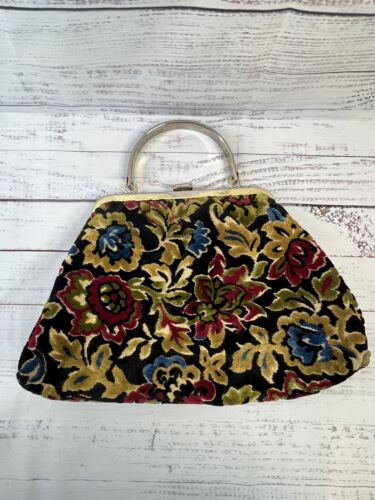 JR USA Vintage 60s Tapestry Carpet Velvet Floral Retro Handbag Purse Cottagecore - Picture 2 of 12
