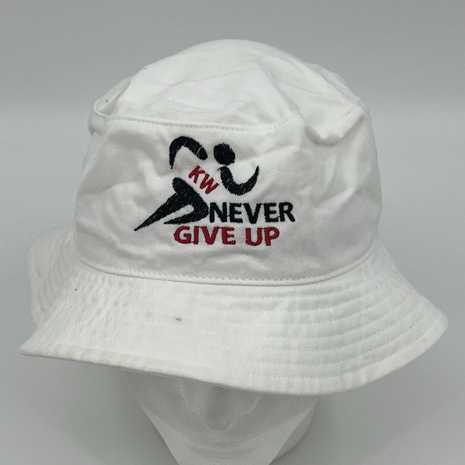 KW Never Give Up Bucket Hat - White Cotton Sun Outdoor Cap VGUC