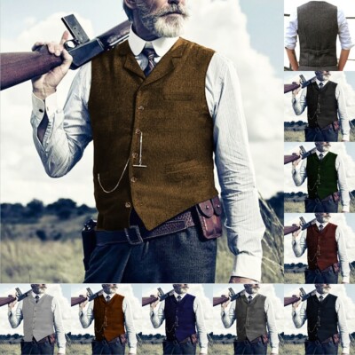 Braun Herren Jagd Tweed Weste Herringbone Vintage Wolle Hochzeit Retro Anzug++