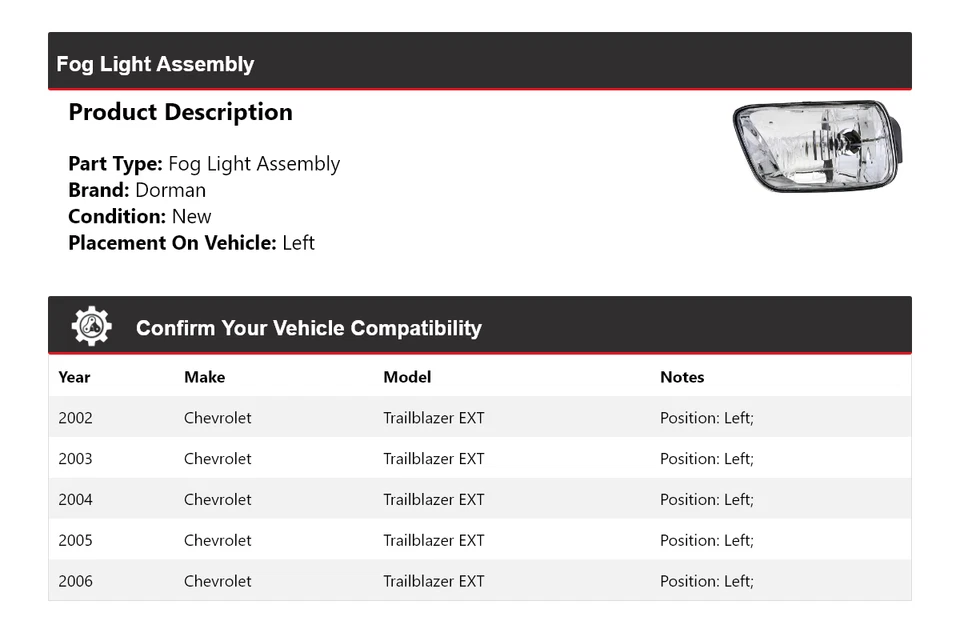 Conjunto de luces antiniebla izquierda Chevrolet Trailblazer EXT 2002-2006 Dorman 2003 2004 Foto 2 de 4