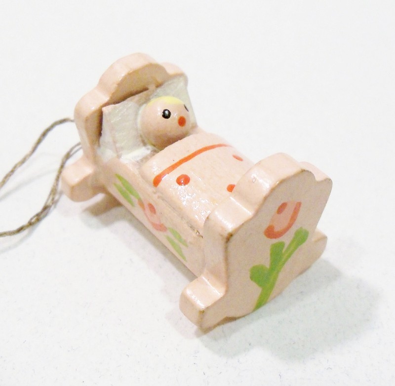 Erzgebirge Germany Baby in Rocking Cradle Bed Wooden Wood Miniature Vtg Ornament