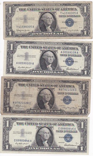 KAPPYSCOINS WC214 ESTATE LOT OF FOUR OLD $1 .00 SILVER CERTIFICATES CIRCS