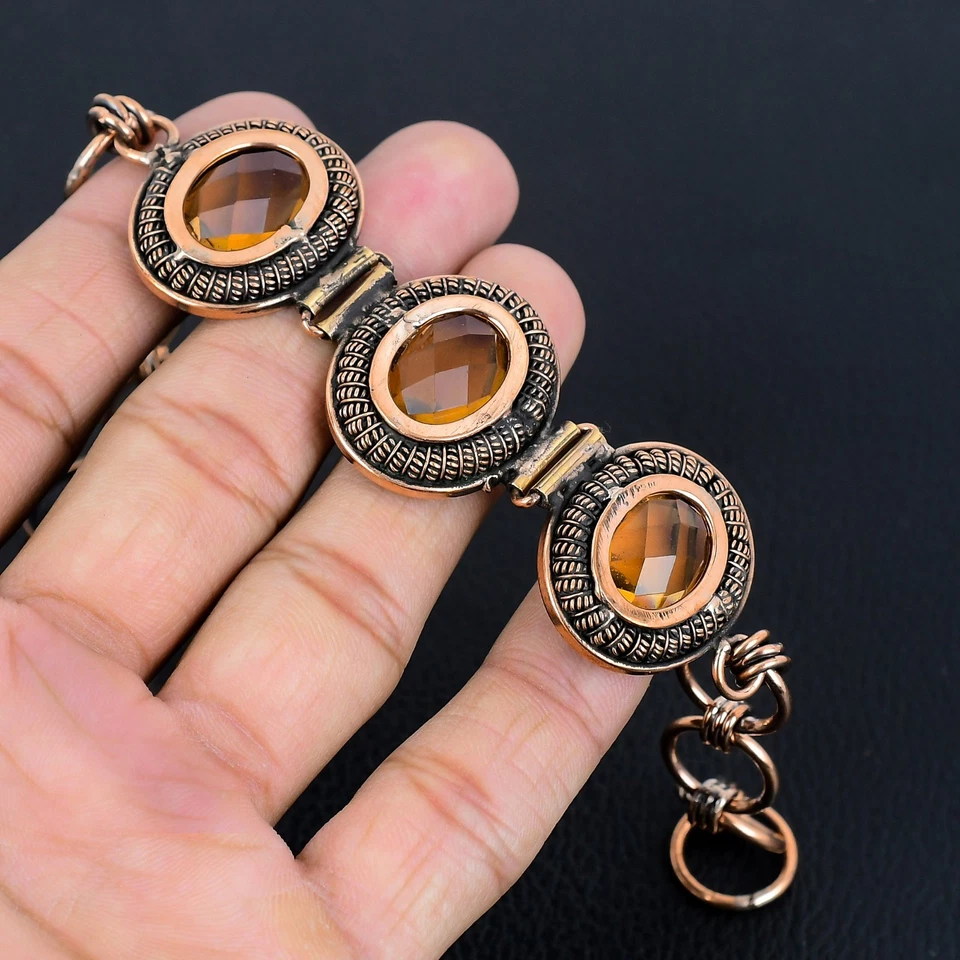 Pulsera ajustable de joyería con envoltura de alambre de cobre y piedras preciosas hechas a mano con topacio de miel Foto 2 de 4