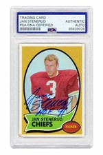 Jan Stenerud Signed Chiefs 1970 Topps Rookie Football Card #25 w/HOF - (PSA/DNA). rookie card picture