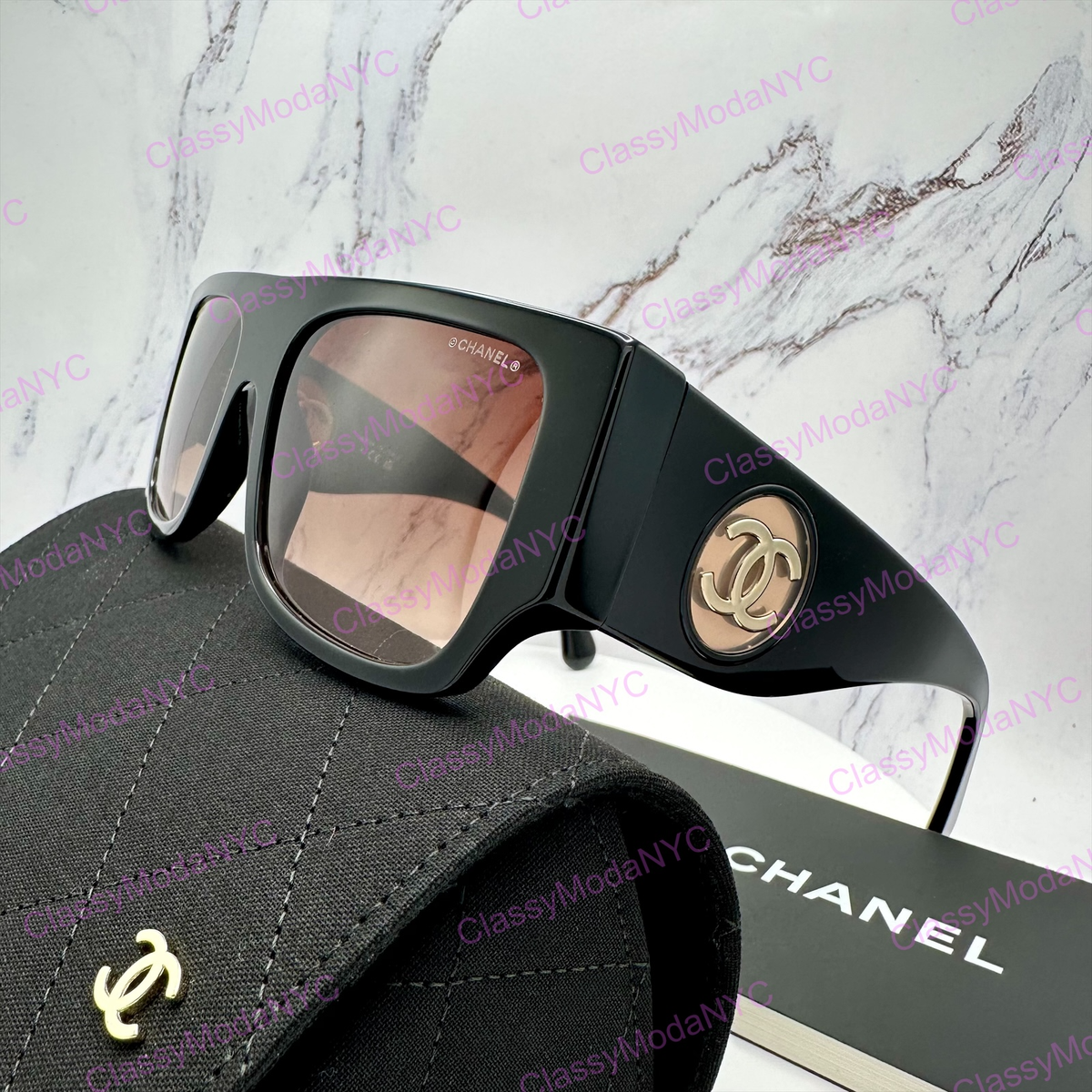 New CHANEL Sunglasses Black Frame Square Shield Gold CC CH5549