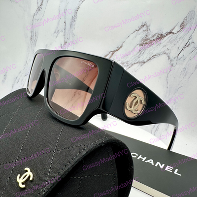 New CHANEL Sunglasses Black Frame Square Shield Gold CC CH5549