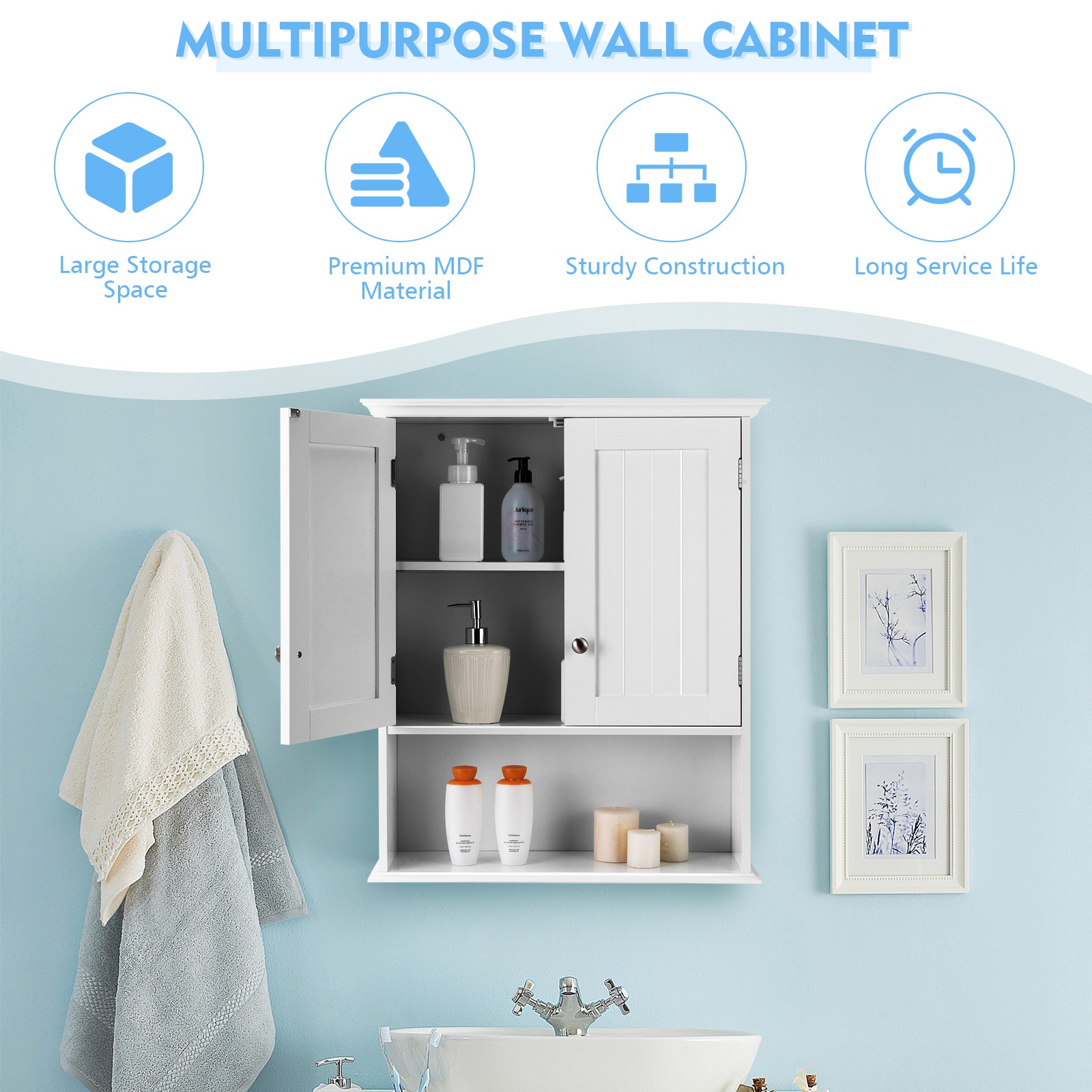 Costway Wall Mount Medicine Cabinet Bathroom Cabinet Storage Organizer White
