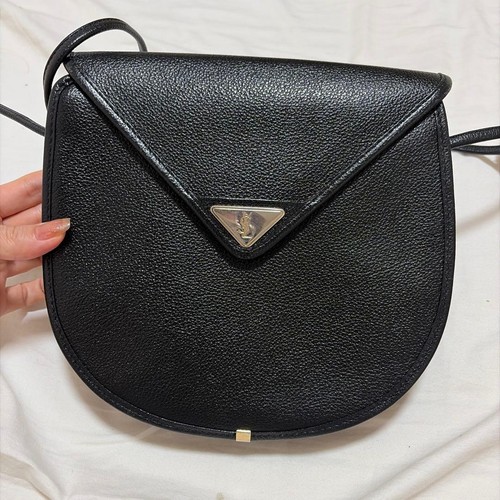 Yves Saint Laurent Shoulder Crossbody Bag Black Leather Gold Logo Plate Women's