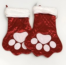 Dog Paw Red Crushed Velvet White Fur Trim 16” Large Pet Christmas Stockings 16"