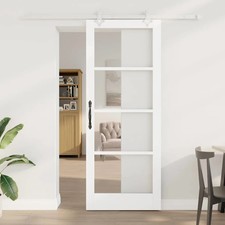 WALPLUS White Barn Style Sliding Door Pine Glass Panel 83x211cm Interior